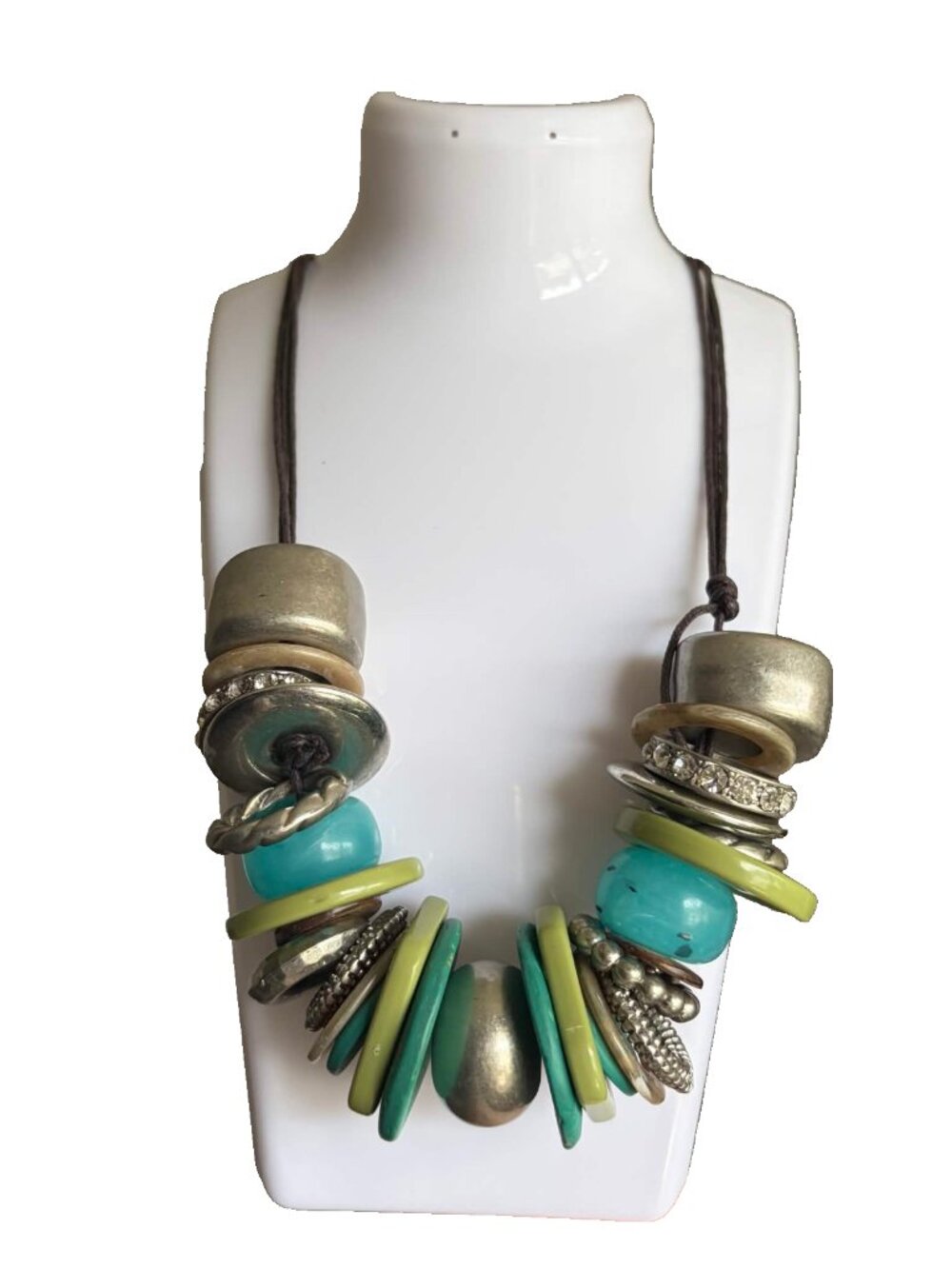 Lane Bryant Blue Green Silver Beaded Chunky Statement Necklace 26-30" Jewelry
